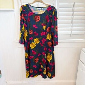 Susan Graver Dark Teal Goldenrod & Red Floral Liquid Knit Dress Plus Size 1X